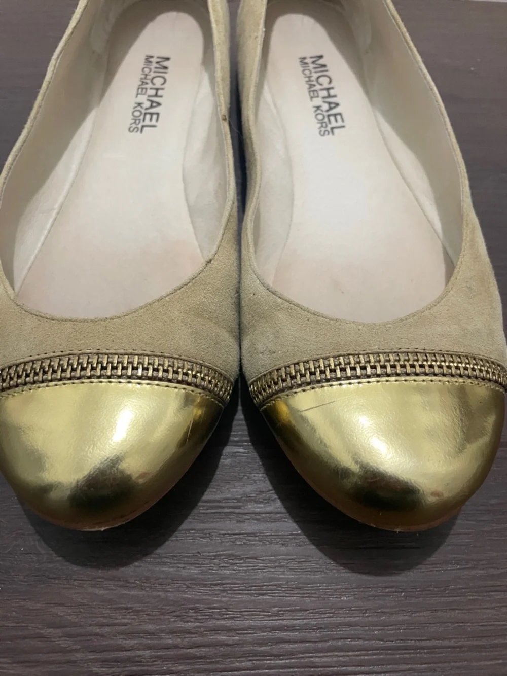 MICHAEL Michael Kors Beige Suede Flats with Gold Cap Toe - Picture 2 of 3